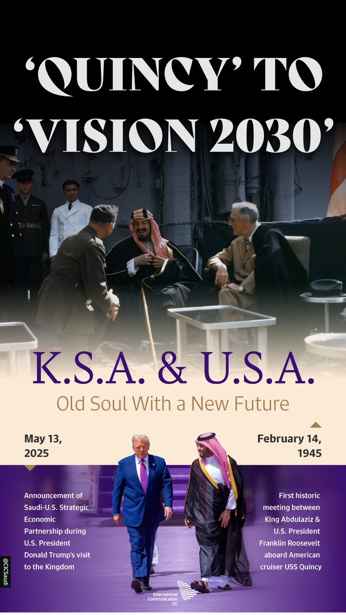 CICSaudi's tweet photo. From the first meeting in 1945 abroad American cruiser USS Quincy to the latest one in 2025 in Riyadh, the friendship between #SaudiArabia and the #US is deep-rooted. #TrumpInKSA #SaudiUSForum2025 https://t.co/tD5NbuyNZ5