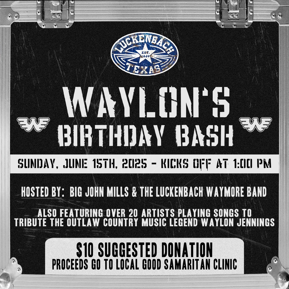 SAVE THE DATE📷 June 15th, 2025 | Waylon's Birthday Bash w/host BigJohn Mills &amp; friends! bit.ly/3Ry16Dx

#LuckenbachTexas #EverybodysSomebody