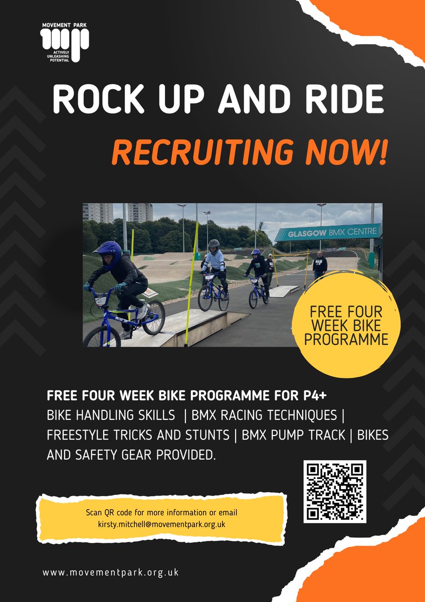 Kirsty Mitchell (@kirstymp813) on Twitter photo 🏁 ROCK UP AND RIDE BMX 🏁
4-week BMX block starting on Sunday 18th of May 10am-11am.
Come along and join us at Glasgow BMX Centre. Sign up now: bookwhen.com/movementpark
<a href="/ClydePrimary/">Clyde Primary</a> <a href="/CorpusChristi_K/">Corpus Christi PS</a> <a href="/ASGKnightswood/">Lewis McTaggart</a> <a href="/ASGHyndland/">Mark O'Mara Active Schools</a> <a href="/BankheadGCC/">Bankhead PS</a> <a href="/ScottishCycling/">Scottish Cycling</a>
#MPCommunity 🏁 ROCK UP AND RIDE BMX 🏁
4-week BMX block starting on Sunday 18th of May 10am-11am.
Come along and join us at Glasgow BMX Centre. Sign up now: bookwhen.com/movementpark
<a href="/ClydePrimary/">Clyde Primary</a> <a href="/CorpusChristi_K/">Corpus Christi PS</a> <a href="/ASGKnightswood/">Lewis McTaggart</a> <a href="/ASGHyndland/">Mark O'Mara Active Schools</a> <a href="/BankheadGCC/">Bankhead PS</a> <a href="/ScottishCycling/">Scottish Cycling</a>
#MPCommunity