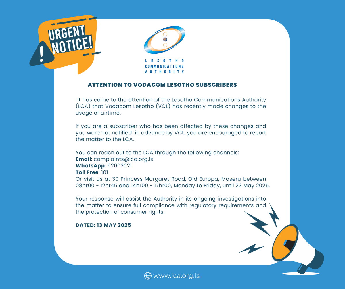 Are you a Vodacom Lesotho subscriber who has been affected by the recent changes on airtime usage? Kindly contact us...