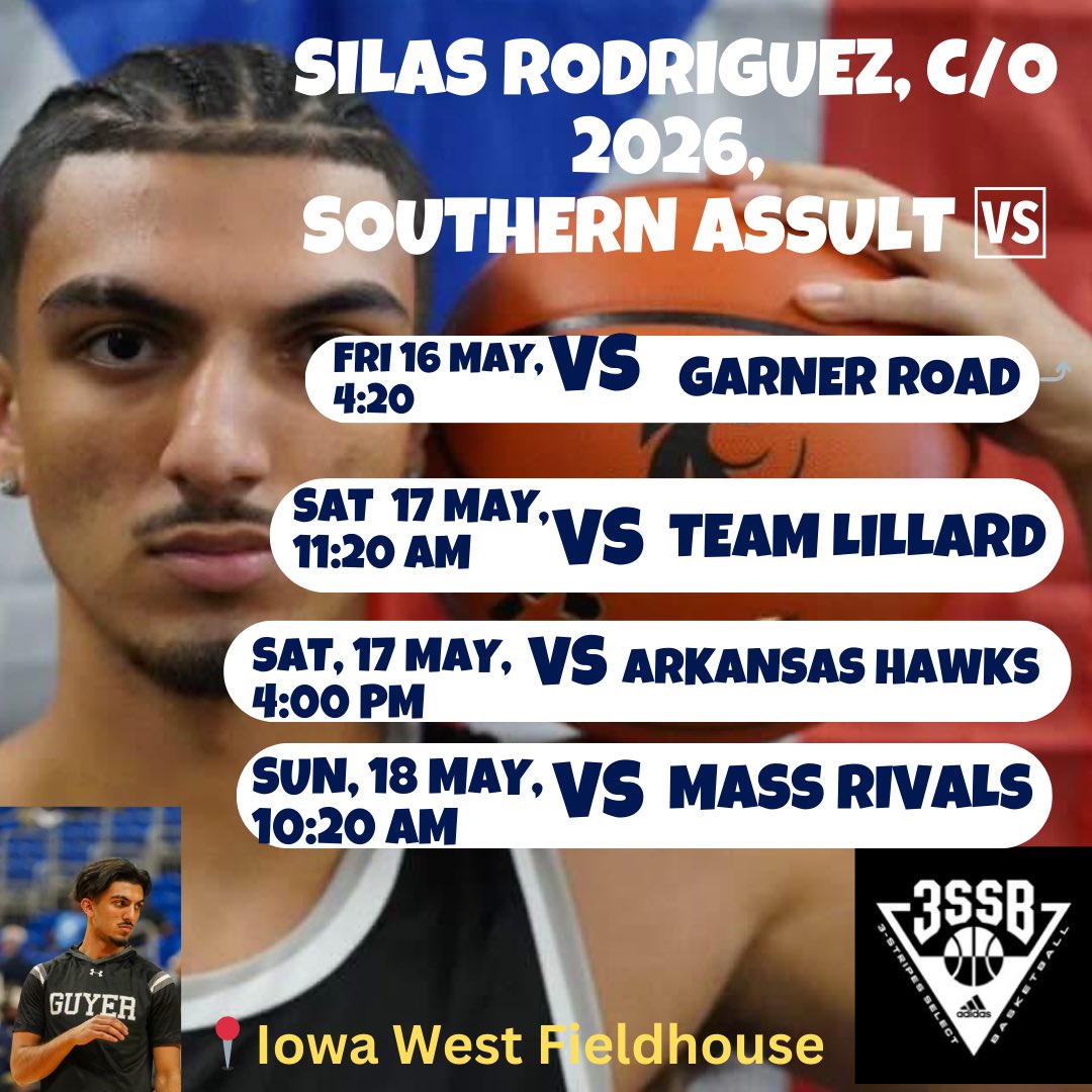 Silas Rodriguez🇵🇷🇮🇳 (@thesilasrodrig1) on Twitter photo Here’s my live period schedule for this weekend May 16th-18th playing with my team <a href="/AssaultSouthern/">Southern Assault</a> <a href="/3SSBCircuit/">3Stripes Select Basketball</a> Here’s my live period schedule for this weekend May 16th-18th playing with my team <a href="/AssaultSouthern/">Southern Assault</a> <a href="/3SSBCircuit/">3Stripes Select Basketball</a>