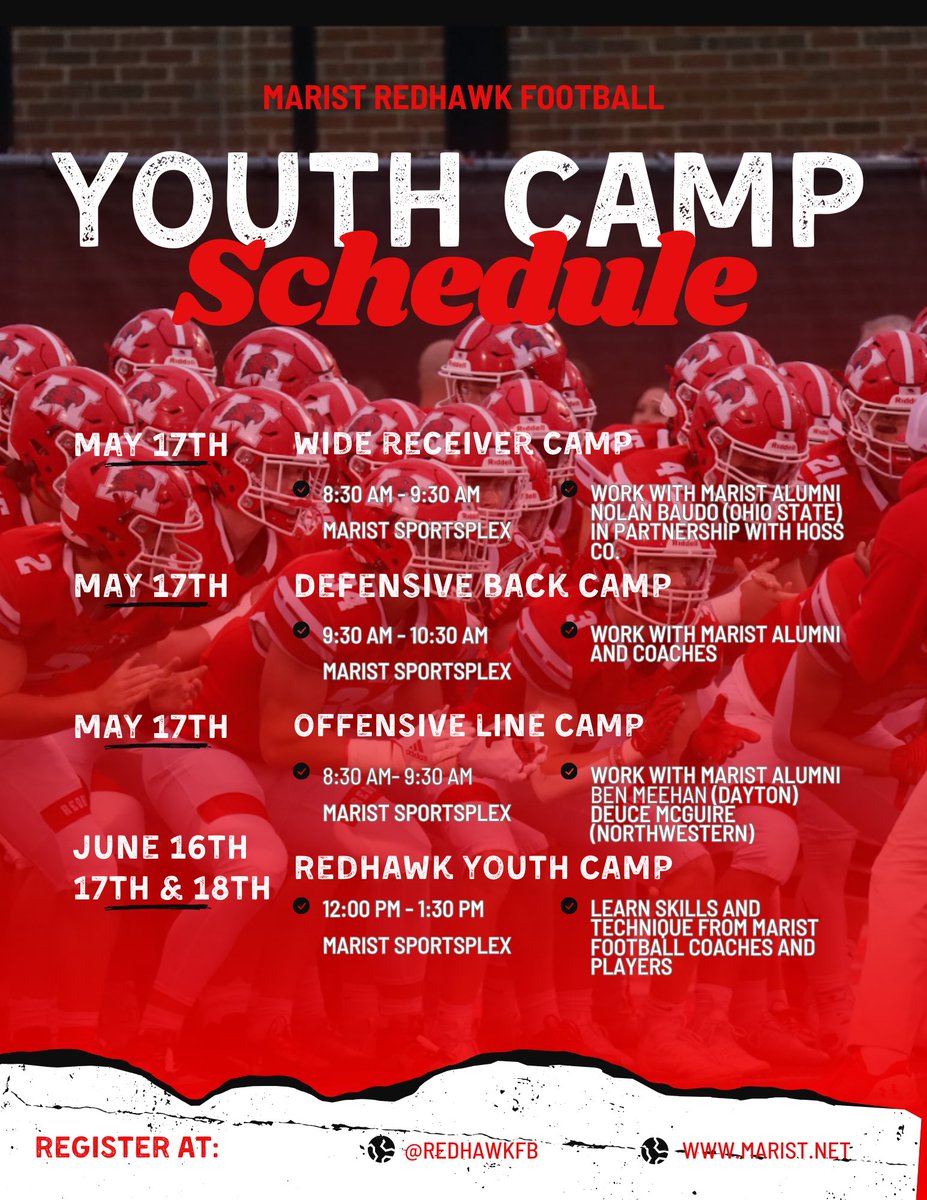 🚨🚨🚨🚨🚨🚨🚨🚨🚨🚨🚨🚨🚨🚨

We’ve got a packed slate of camps coming up this weekend. Join us for WR, OLine, and DB camp this Saturday at the Marist Sportsplex! 

WR Camp Link: shorturl.at/ExHdi

DB and OLine Link: shorturl.at/pISET

#FAMILY // #HonorGloryFame //