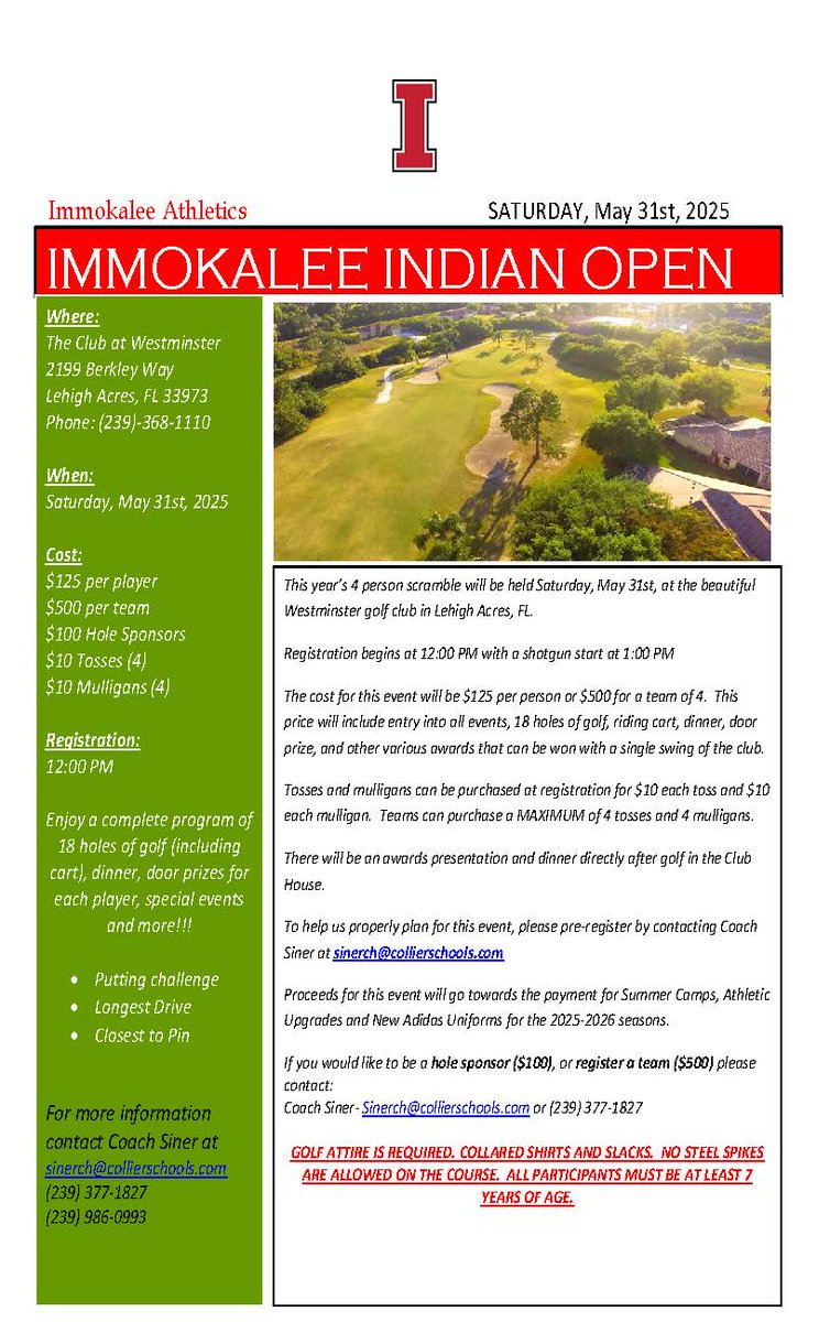 The IHS Golf Tournament is coming up on May 31st!  We still have a couple of more spots for teams to join.  If you are interested in playing or becoming a hole sponsor,  please contact Coach Siner.
#GoIndians #Redwood20