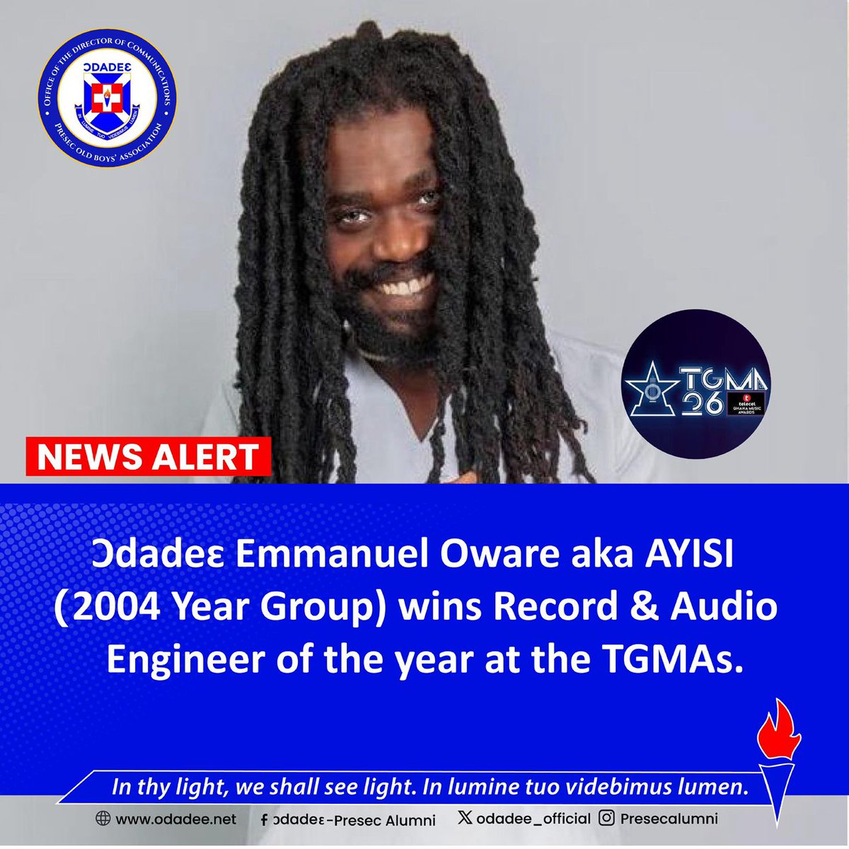 🎉 Big Congratulations to Ɔdadeɛ Emmanuel Oware <a href="/Ayisimusic/">👑Ayisi</a> 🎶
A proud member of the <a href="/Odadee04/">Ɔdadeɛ 2004 Year Group</a>, AYISI has been crowned Record &amp; Audio Engineer of the Year at the #TGMAs! 👏🔥
Your talent, dedication, and hard work continue to shine and inspire
Keep soaring higher, Ɔdadeɛ! 💙💪