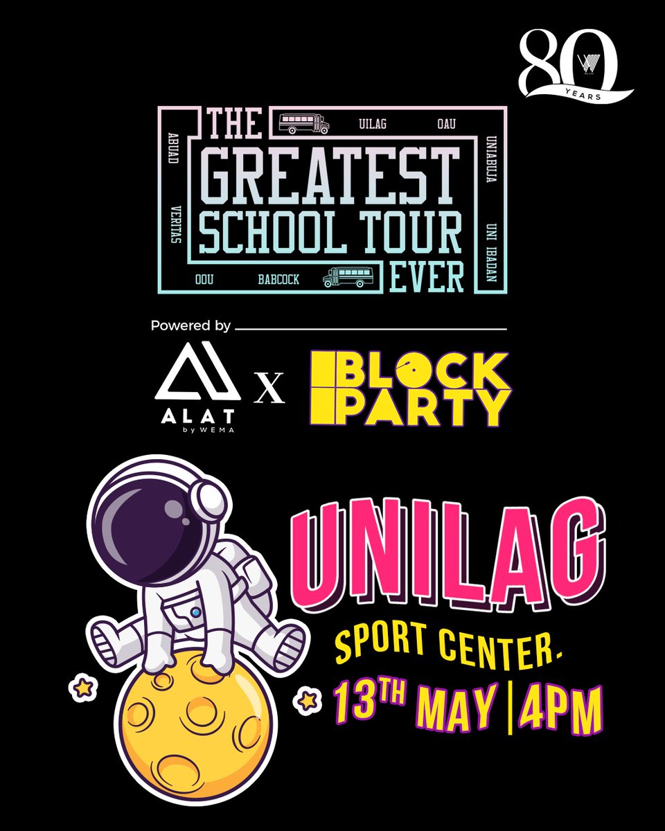 UNILAG, it’s your turn!
#TheGreatestSchoolTourEver is landing at your campus and we’re bringing the full BLOCK PARTY energy! 🔥🎶💃🏾
📍 UNILAG Sport Center
📅 13th May | ⏰ 4PM
Get ready to vibe, win, and live your dream with ALAT!
#ALATxBlockParty #ALATRewards #BlockParty