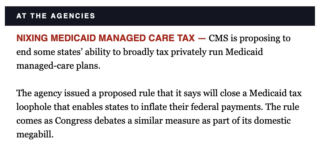 The end appears near for some of the most aggressive Medicaid MCO taxes which inflate federal spending and clearly violate the spirit of governing rules.

I believe the Biden Administration had also indicated their concern with this as well.