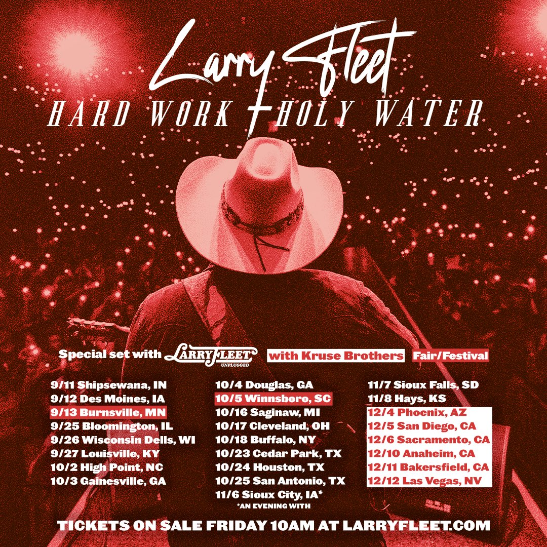 We’re keeping the Hard Work and Holy Water Tour rolling this fall! 

Presale begins tomorrow Wednesday 5/13 at 10am local time. All tickets are available this Friday 5/16 at 10am local time.

Go to my website and join my email list to get the presale code! larryfleet.com