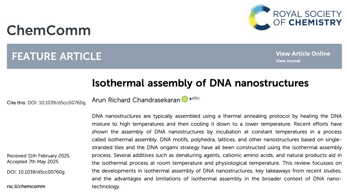 Arun Richard (@arunrichardc) on Twitter photo My new invited review in <a href="/ChemCommun/">Chemical Communications</a> discusses the strategies used for isothermal assembly of DNA nanostructures. Check it out!
<a href="/RoySocChem/">Royal Society of Chemistry</a> <a href="/TheRNAInstitute/">The RNA Institute</a> <a href="/CNSE/">CNSE at UAlbany</a> My new invited review in <a href="/ChemCommun/">Chemical Communications</a> discusses the strategies used for isothermal assembly of DNA nanostructures. Check it out!
<a href="/RoySocChem/">Royal Society of Chemistry</a> <a href="/TheRNAInstitute/">The RNA Institute</a> <a href="/CNSE/">CNSE at UAlbany</a>