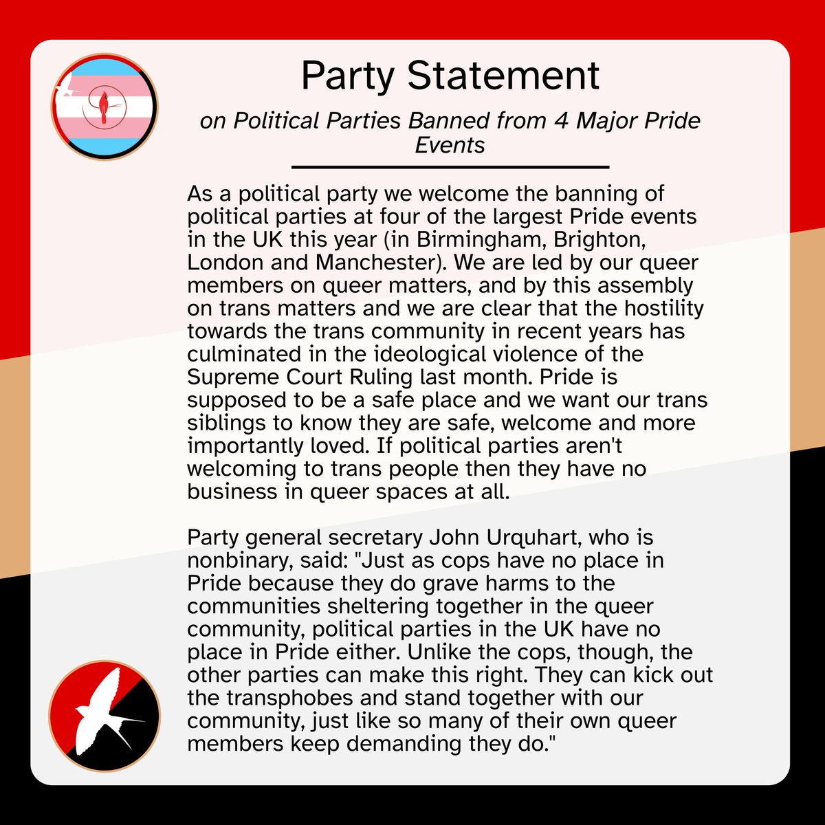 HarmonyPartyUK's tweet photo. Please read our (supportive) statement relating to the recent ban on political parties at four major UK Pride events.

Plain text statement may be found here. https://t.co/cw3kg3J4A8 👈 https://t.co/RQvdelbSOB