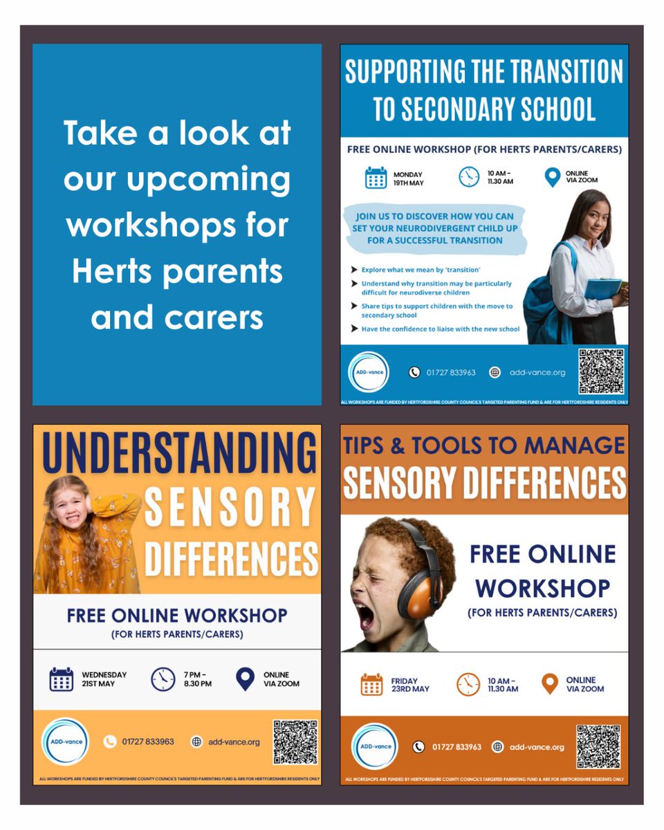 👀Take a look at the FREE upcoming workshops available to Herts parents/carers 👀

Book here: bit.ly/3SYdUBG or scan QR code 

#ADDvance #ADHD #autism #neurodiversity #neurodivergent #neurodivergence #hertfordshire #workshop #secondaryschool #sensory #sensorydifferences