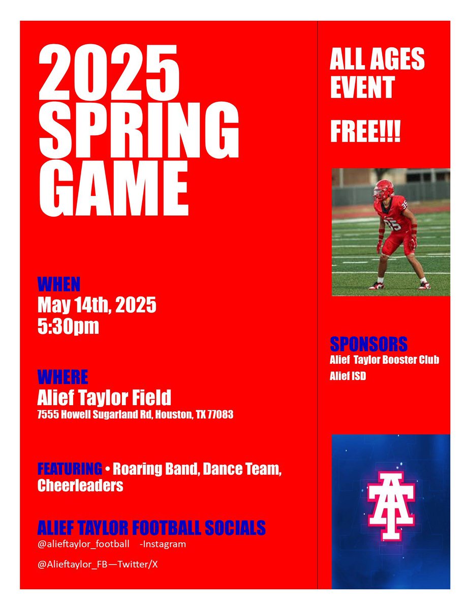 2025 Spring Game‼️

When: Wednesday May 14th 
Time: 5:30pm
Where: Alief Taylor High School 

College Coaches welcomed‼️
