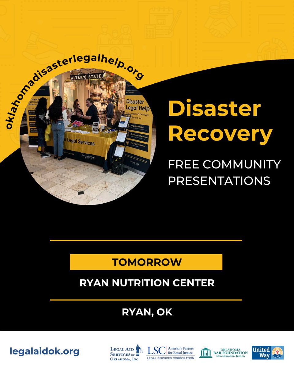 Come see us tomorrow at 11am at the Ryan Nutrition Center! Learn about the impact of disasters and steps to follow if you've been affected.⁣ 

Topics include:⁣
📄 Important documents⁣
🏠 Insurance &amp; contractors⁣
📑 Title issues⁣
🔑 Landlord &amp; tenant rights⁣
⁣