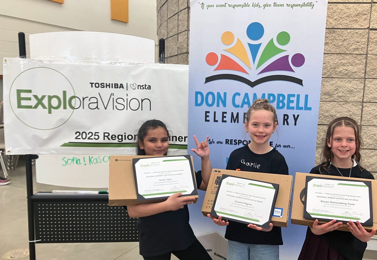 ToshibaAmerica's tweet image. Big congrats to Sofia Taha, Kason Sonnenberg-Trent, Charlie Pilgrim, Coach Melina Powell, and Mentor Rabia Taha from Don Campbell Elementary School in Alberta, Canada for been selected as national winners for the @ToshibaUSA/@NSTA  #ExploraVision competition! See you in DC!