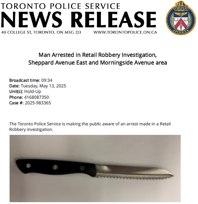 Toronto Police Hold Up Squad (@tpsholdup) on Twitter photo Quick arrest of a man after he committed a knife-point retail robbery. Officers <a href="/TPS42Div/">42 Division</a> conducted a thorough search for the suspect which resulted in his arrest and the recovery of a knife and all of the stolen property.
See media release: tps.ca/media-centre/n…
<a href="/TPSHoldUp/">Toronto Police Hold Up Squad</a> Quick arrest of a man after he committed a knife-point retail robbery. Officers <a href="/TPS42Div/">42 Division</a> conducted a thorough search for the suspect which resulted in his arrest and the recovery of a knife and all of the stolen property.
See media release: tps.ca/media-centre/n…
<a href="/TPSHoldUp/">Toronto Police Hold Up Squad</a>