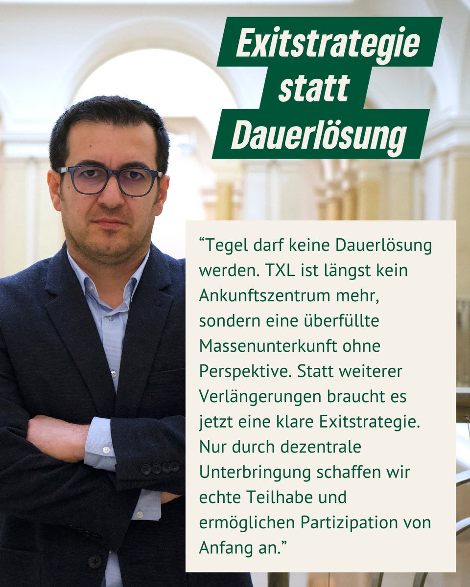 #Tegel darf zu keinem Dauerzustand werden. Statt einer 5-jährigen Verlängerung braucht es jetzt eine klare Exitstrategie. Dafür müssen mehr dezentrale Unterbringungen geschaffen werden. Nur so gelingt Ankommen und Teilhabe in #Berlin.