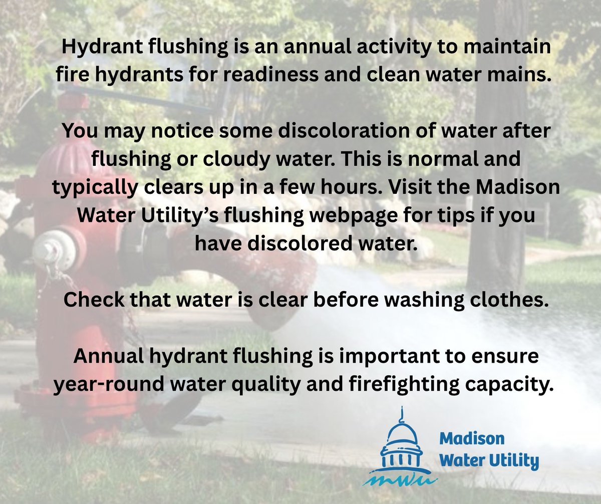 It's flushing season! To learn when MWU crews will be in your neighborhood:
💧 Visit the Madison Water Utility flushing webpage
💧 Join our Email list for weekly water main flushing updates
💧 Watch for our blue water main flushing signs
cityofmadison.com/water/water-qu…