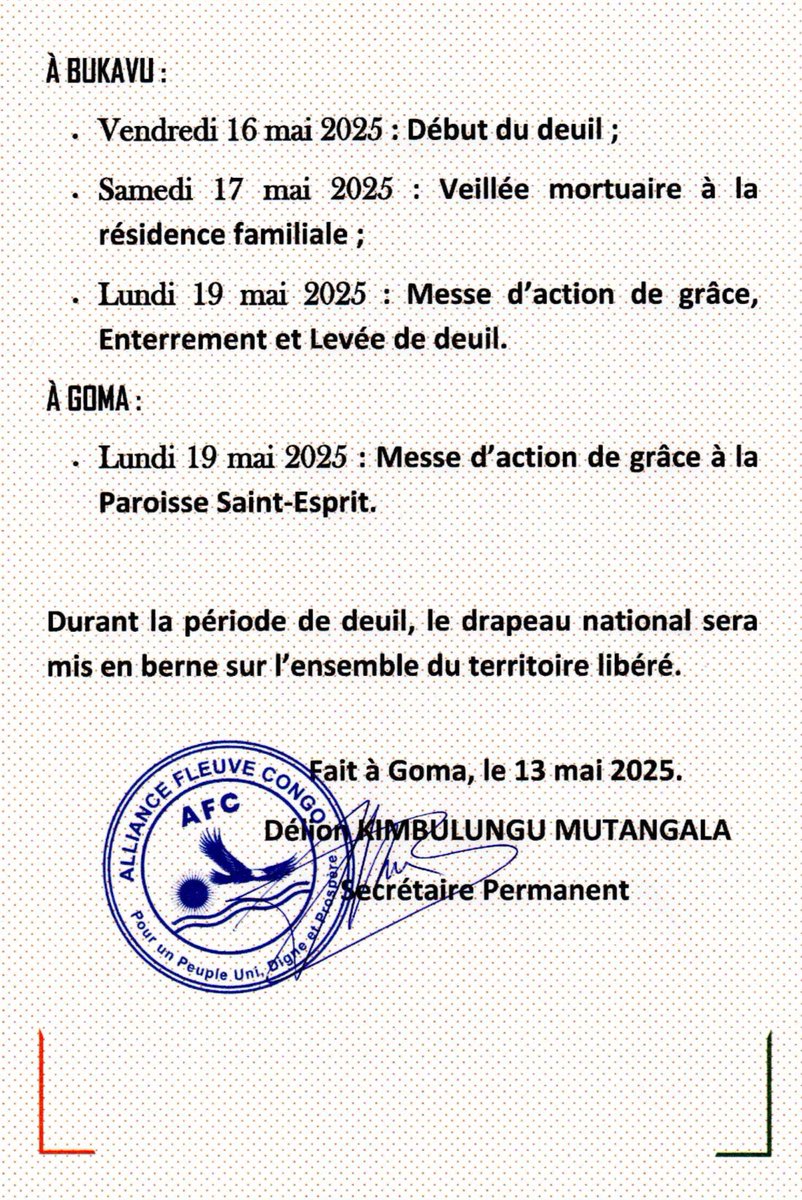 COMMUNIQUÉ NÉCROLOGIQUE DE L’ALLIANCE FLEUVE CONGO (AFC/M23)
