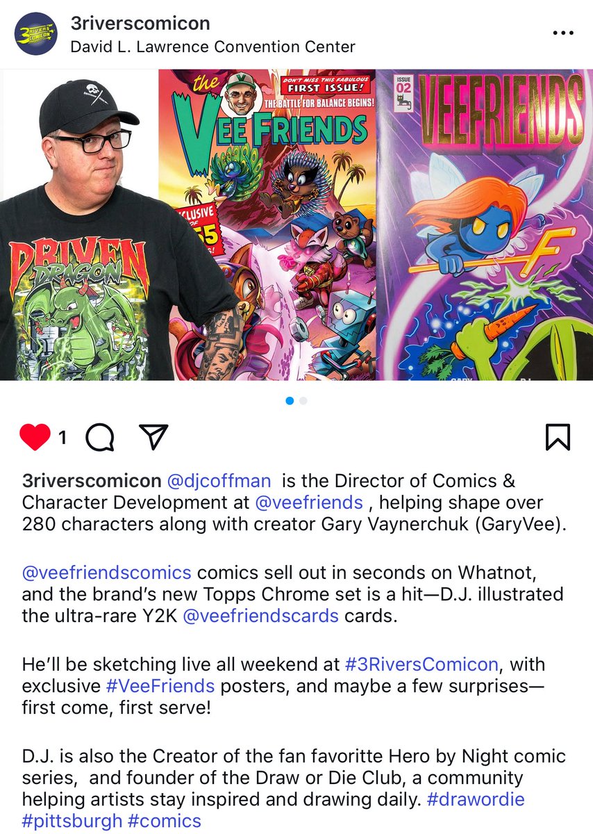 D.J. Coffman (@djcoffman) on Twitter photo Heads up! I’ll be a guest at 3Rivers Comicon June 7-8 in Pittsburgh. <a href="/VeeFriends/">VeeFriends</a> - sketching for free, and talkin’ and livin’ that VeeFriends life. Heads up! I’ll be a guest at 3Rivers Comicon June 7-8 in Pittsburgh. <a href="/VeeFriends/">VeeFriends</a> - sketching for free, and talkin’ and livin’ that VeeFriends life.