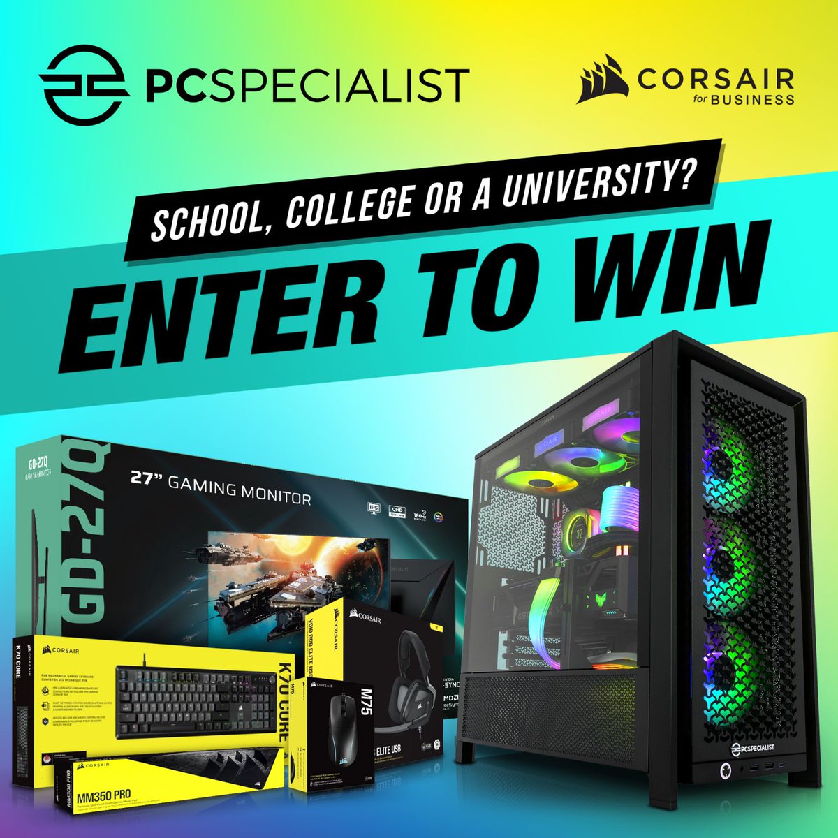 🎓 Does your school, college or uni need a serious esports or computing upgrade? 

We’ve teamed up with @Corsair for Business to give away an incredible gaming PC setup – perfect for your tech spaces!

Tag your educational institution and their esports team to let them know they