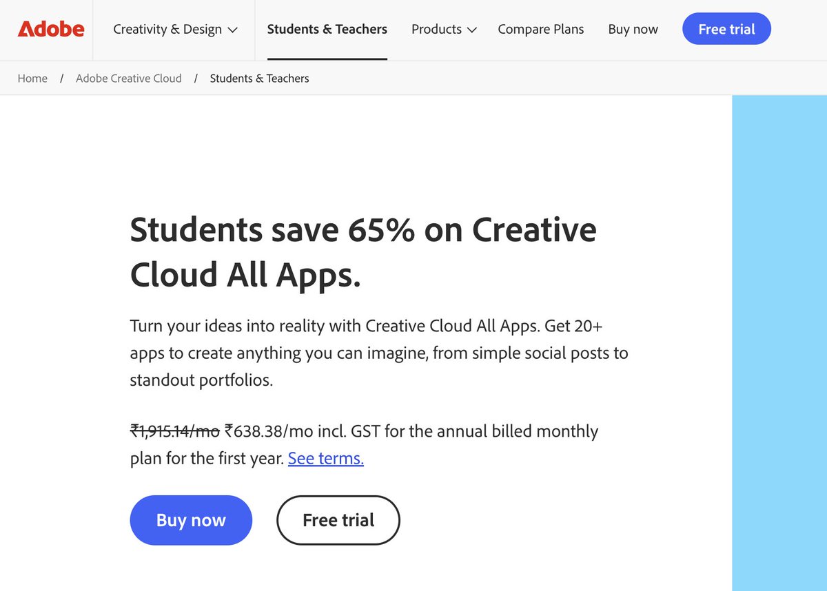 Nearly 60% discount for Indian on Adobe Creative Cloud 🤯

FYI ₹638 = ~$8