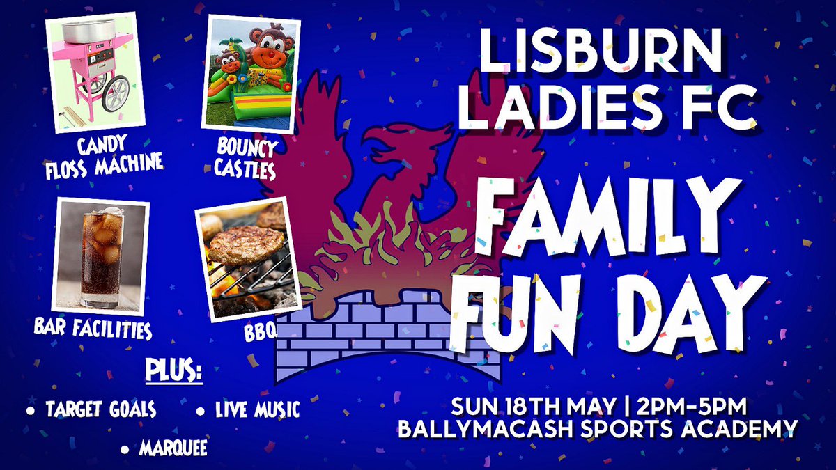 FAMILY FUN DAY 
Our Club will be running its first Family Fun Day Ballymacash Sports Academy Sunday 18th May @ 2-5pm

> Large Inflatables
> Bouncy Castle
> Candy Floss 
> BBQ 
> Full Bar Facilities 
> Live Music 

#girlsonlyfootballclub
#familyclub
#oneclub
#heartofthecommunity
