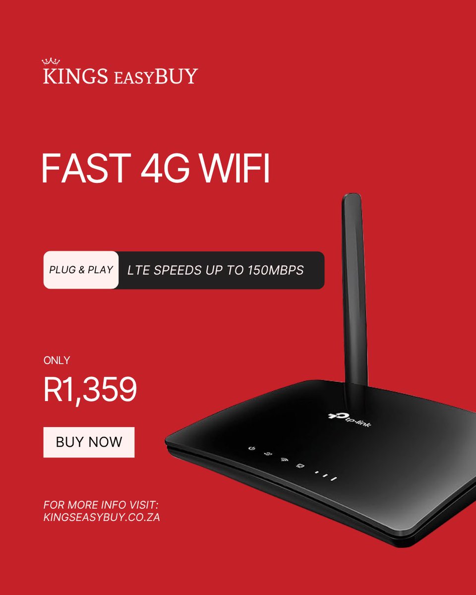 KingsEasyBuy's tweet image. No fibre? No problem.

Enjoy fast, stable 4G WiFi with LTE speeds up to 150Mbps, perfect for work, streaming, and staying connected.

Just insert your SIM and go. No setup needed.
Now available at Kings EasyBuy for only R1,359

#KingsEasyBuy #LTEWiFi #TPLinkRouter   #HomeWiFi