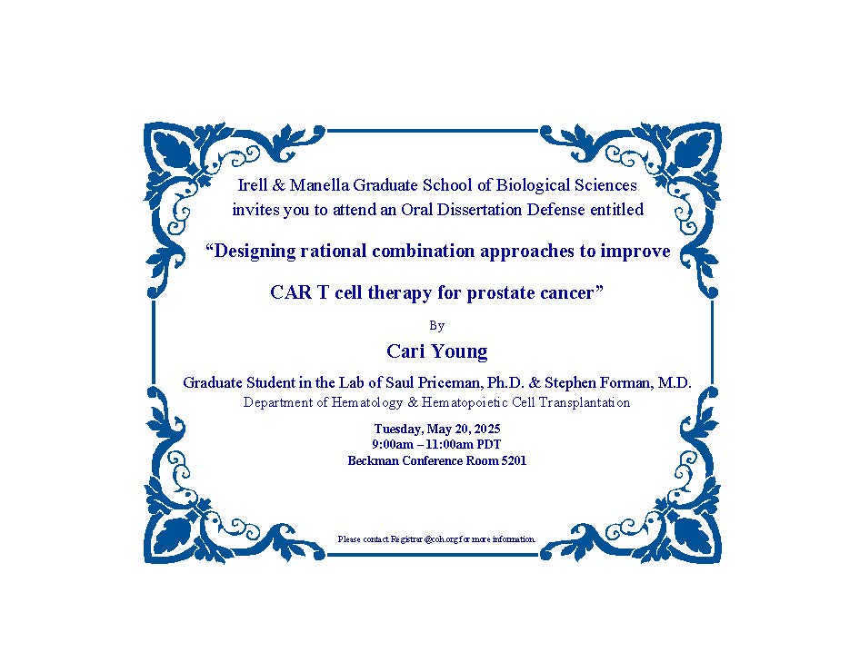 Congratulations to Cari Young as she prepares to defend her dissertation "Designing rational combination approaches to improve CAR T cell therapy for prostate cancer" on May 20th at 9:00 am.  IMGS is looking forward to an amazing presentation.  Great job Cari!!! <a href="/cityofhopeedu/">City of Hope Prof Ed: Ph.D. & Master Programs</a>