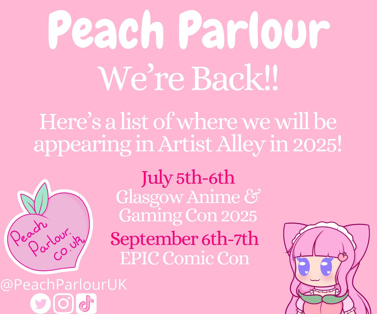 We're back!! 🍑
After a much needed family holiday, the peach parlour is open again!
We're also pleased to announce that we will be attending two more conventions this year!!
Looking forward to seeing you all again very soon!!
#glasgowcomiccon2025 #smallbusiness #artistalley