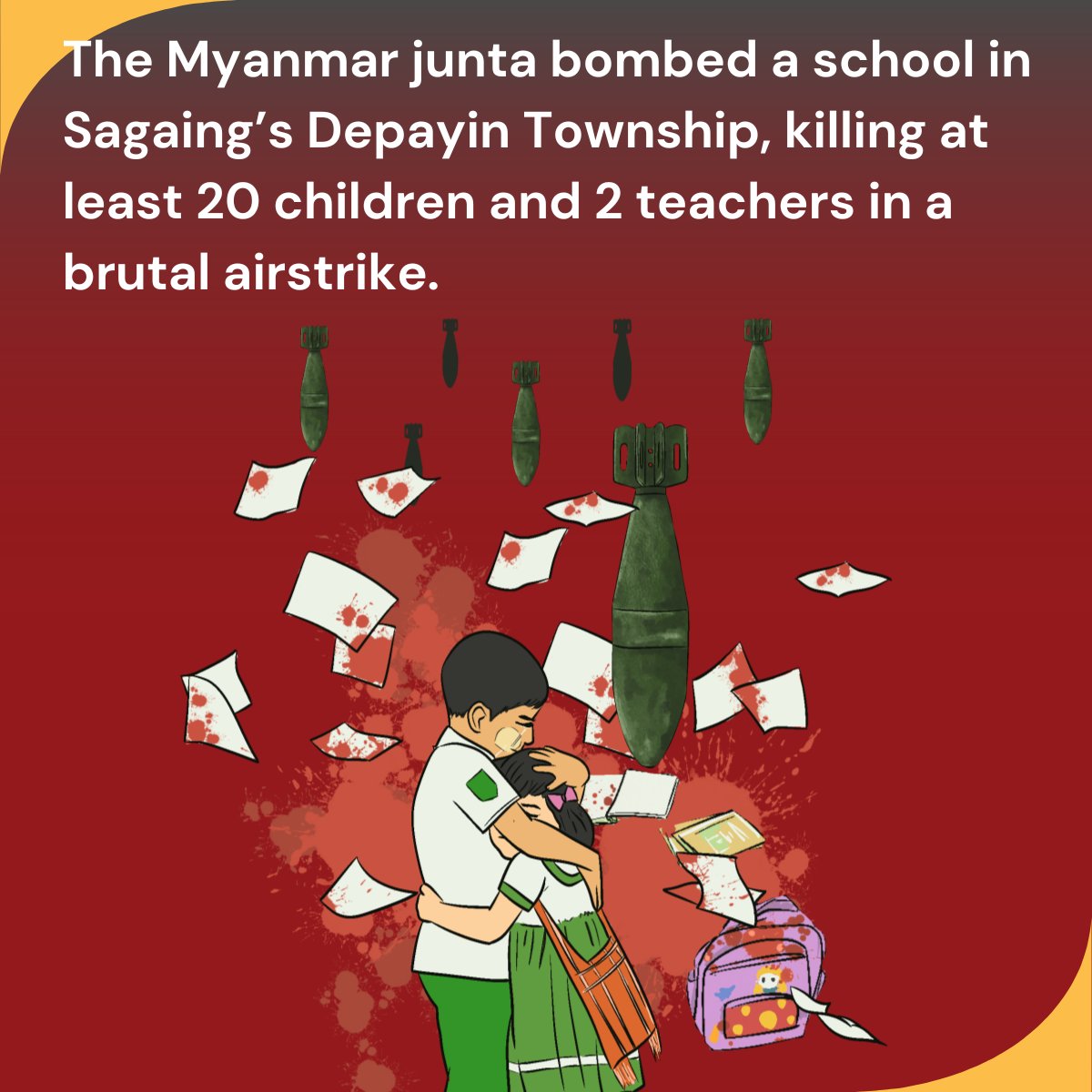 💥 The #Myanmar junta bombed a school in Sagaing’s Depayin Township, killing 20 children and 2 teachers.💥 

The world’s silence is enabling these atrocities. 🌎🔇

It's time for coordinated, targeted sanctions on the junta and any actor supplying weapons or support to the junta.