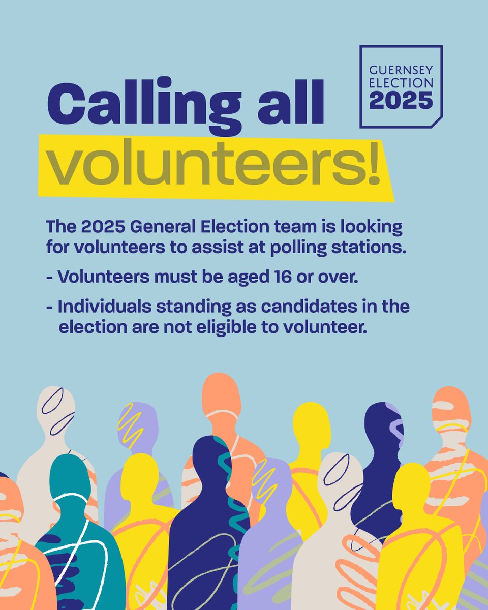 Guernsey Election 2025 (@gsyelection2025) on Twitter photo The Election Team is looking for volunteers to assist at polling stations on Wednesday 18th June, with advance polling days on Sunday 15th and Tuesday 17th June.
Sign up at volunteer.gg/event/election…
Email elections@gov.gg or phone 01481 220130 for more information.
#Election2025 The Election Team is looking for volunteers to assist at polling stations on Wednesday 18th June, with advance polling days on Sunday 15th and Tuesday 17th June.
Sign up at volunteer.gg/event/election…
Email elections@gov.gg or phone 01481 220130 for more information.
#Election2025