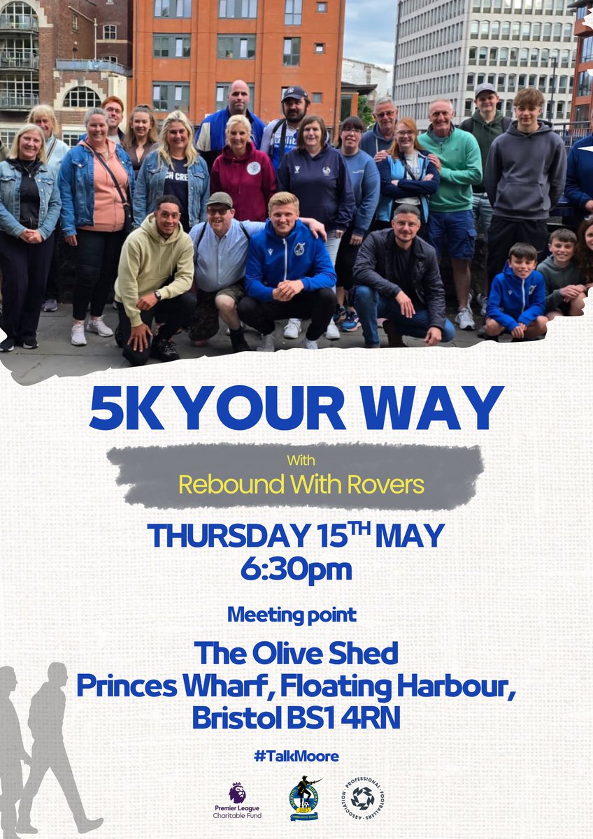 Bristol Rovers CT (@bristolroversct) on Twitter photo ๐ถโโ๏ธ To celebrate #MentalHealthAwarenessWeek we'll be hosting another #5KYourWay this Thursday, hosted and led by the incredible <a href="/Rebound_Rovers/">Rebound with Rovers</a> team!
๐ Thursday 15th May
๐ Meet at The Olive Shed (BS1 4RN)
๐ก 6:30pm
๐ค Supporting <a href="/briswalkfest/">Bristol WalkFest</a>
#TalkMoore #MentalHealth ๐ถโโ๏ธ To celebrate #MentalHealthAwarenessWeek we'll be hosting another #5KYourWay this Thursday, hosted and led by the incredible <a href="/Rebound_Rovers/">Rebound with Rovers</a> team!
๐ Thursday 15th May
๐ Meet at The Olive Shed (BS1 4RN)
๐ก 6:30pm
๐ค Supporting <a href="/briswalkfest/">Bristol WalkFest</a>
#TalkMoore #MentalHealth