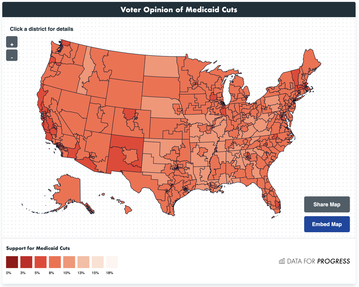 DataProgress's tweet image. There is not a single congressional district in the U.S. where more than 15% of voters support cuts to Medicaid.