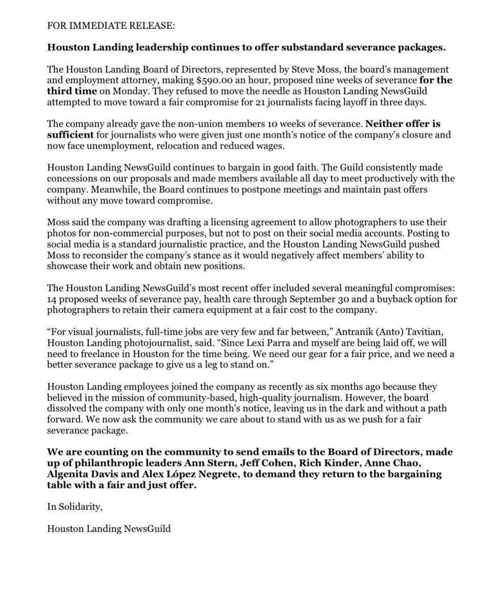 Read our full statement on where we stand with bargaining for our severance packages. 

Please consider sending emails to the Houston Landing board of directors demanding they return with a fair and just offer. 🔗
