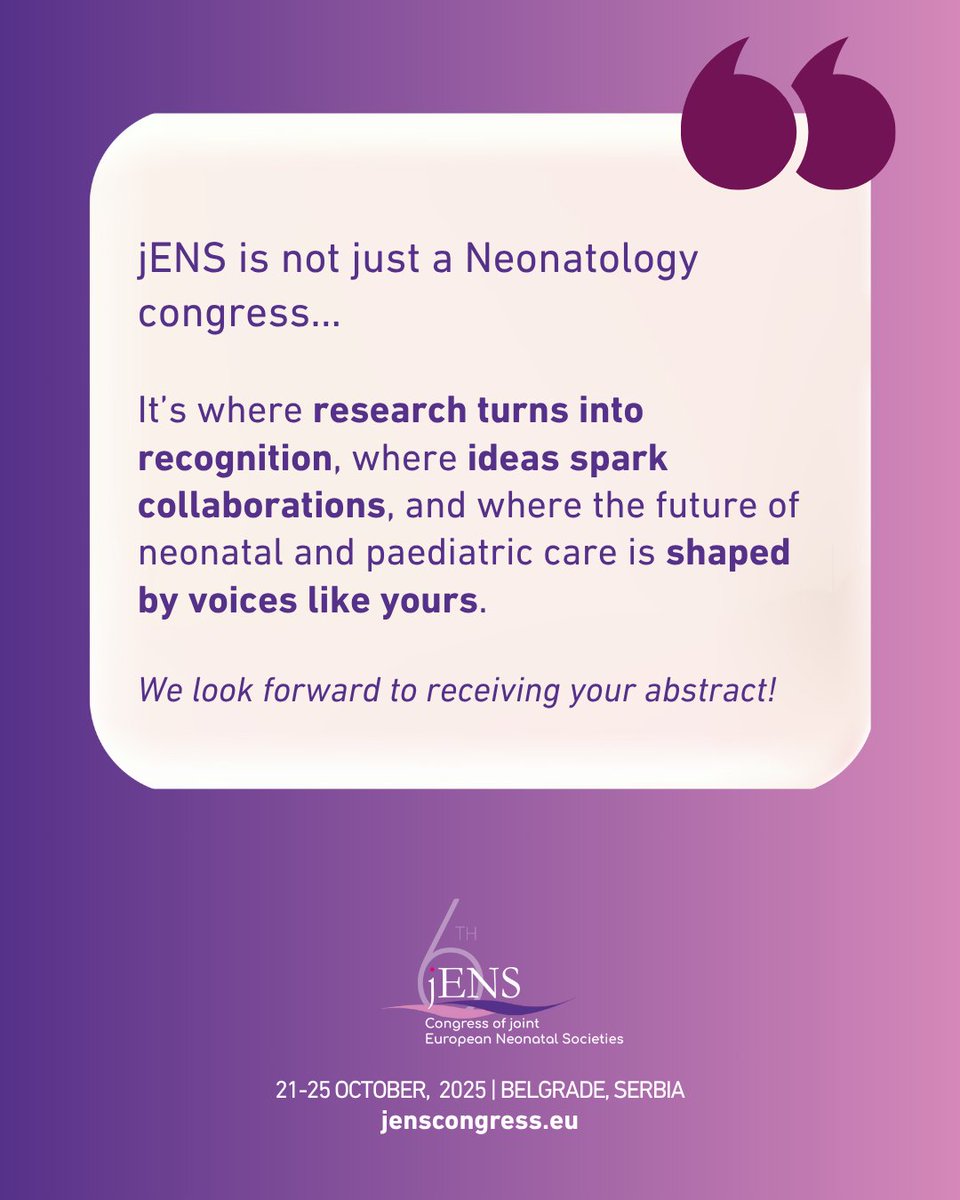 jENS Congress: joint European Neonatal Societies (@jens_congress) on Twitter photo Don’t wait – abstract submission closes TOMORROW!
Be part of the programme shaping the future of #neonatal and #paediatric care!
Grants and Awards await for you✅: bit.ly/jENS-ABSTRACT
Register now with early bird discount👉 bit.ly/jENS-REGISTRAT…
<a href="/ESPR_ESN/">European Society for Paediatric Research (ESPR)</a> <a href="/gfcni_newborn/">GFCNI</a> Don’t wait – abstract submission closes TOMORROW!
Be part of the programme shaping the future of #neonatal and #paediatric care!
Grants and Awards await for you✅: bit.ly/jENS-ABSTRACT
Register now with early bird discount👉 bit.ly/jENS-REGISTRAT…
<a href="/ESPR_ESN/">European Society for Paediatric Research (ESPR)</a> <a href="/gfcni_newborn/">GFCNI</a>