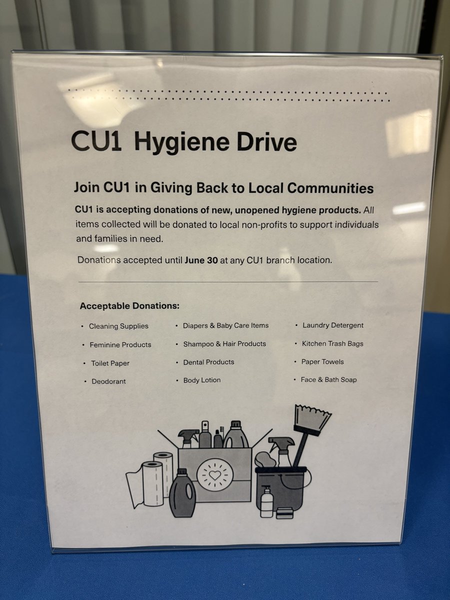 CU1 kicked off its Hygiene Drive! Stop in the branch today through June 30th with your donations. All donations will be delivered to local non-profits for families in need! #CU1Cares