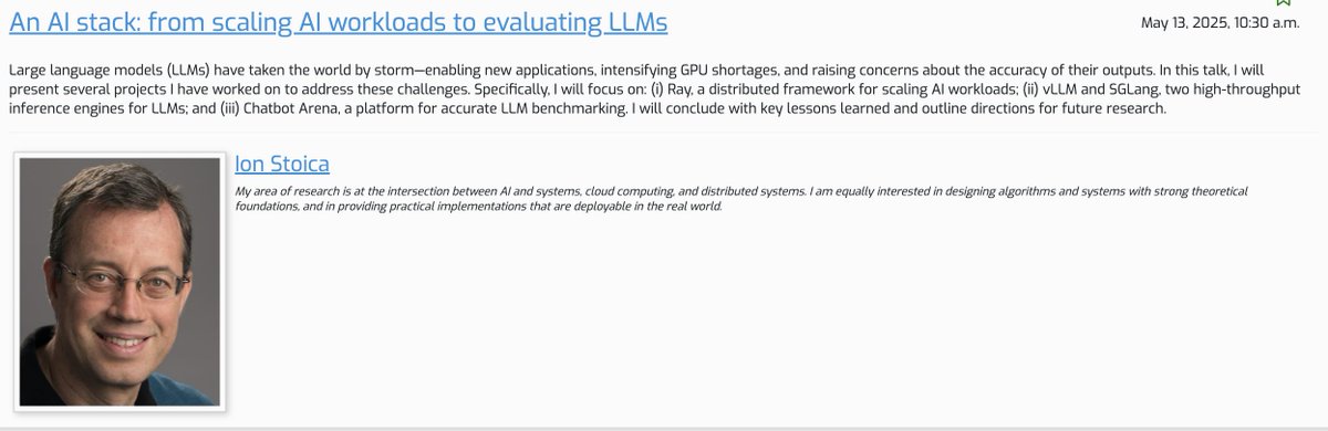 Tianqi Chen (@tqchenml) on Twitter photo #MLSys2025 make sure to attend 10:30am keynote <a href="/istoica05/">Ion Stoica</a> An AI stack: from scaling AI workloads to evaluating LLMs. Checkout full schedule at mlsys.org/virtual/2025/c… #MLSys2025 make sure to attend 10:30am keynote <a href="/istoica05/">Ion Stoica</a> An AI stack: from scaling AI workloads to evaluating LLMs. Checkout full schedule at mlsys.org/virtual/2025/c…