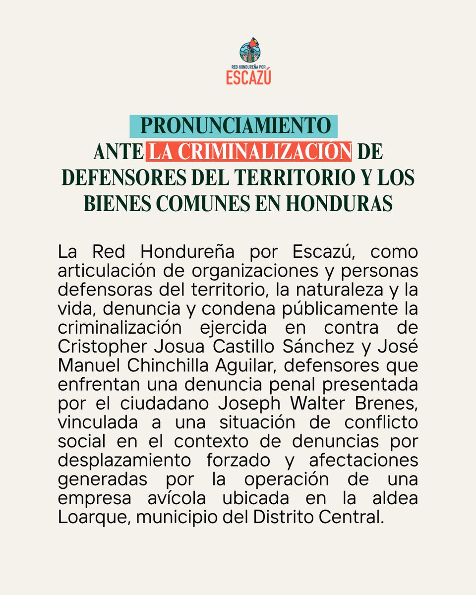 Desde la Red Hondureña por Escazú levantamos la voz ante la persecución judicial contra dos defensores del territorio: Cristopher Josua Castillo Sánchez y José Manuel Chinchilla Aguilar.