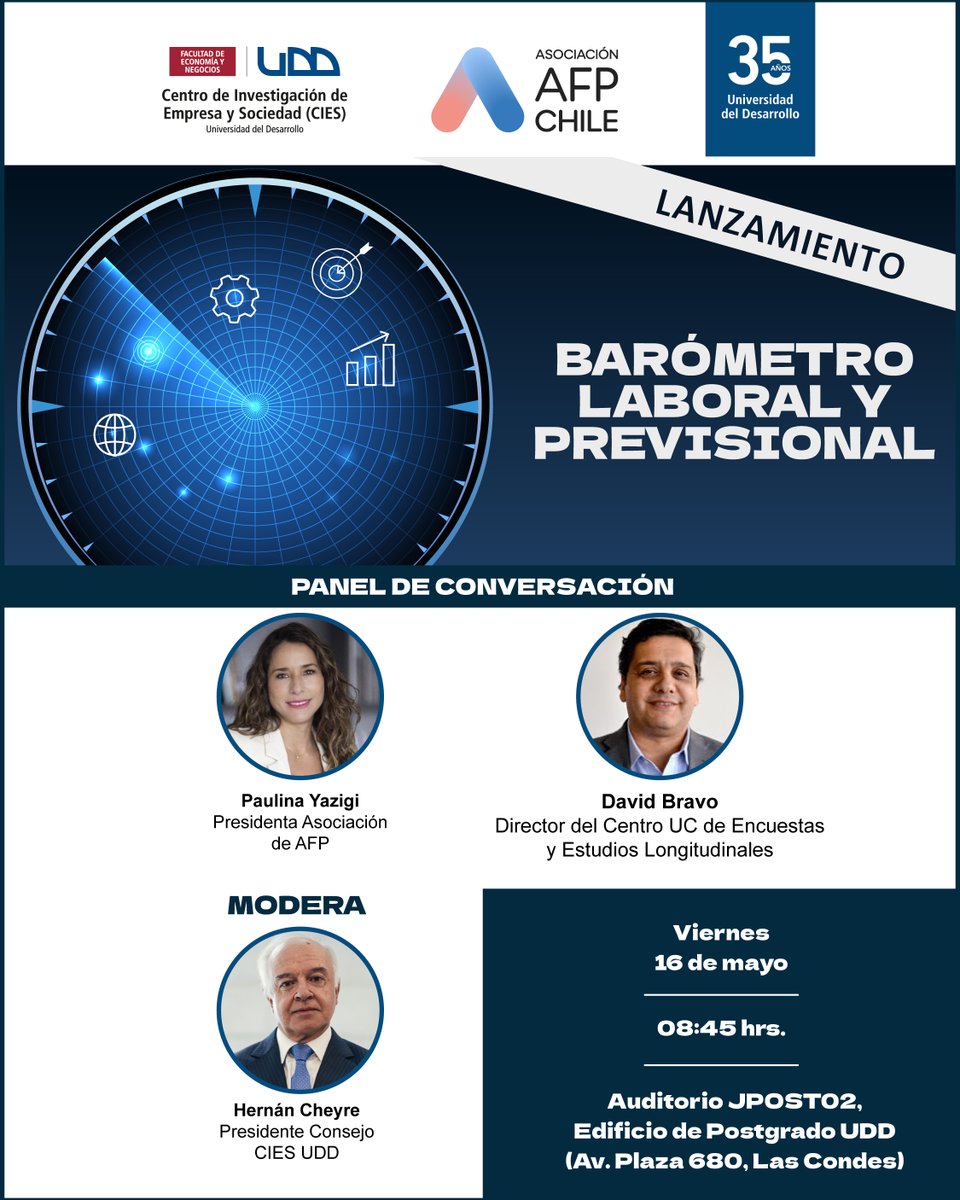 Negocios UDD (@negociosudd) on Twitter photo 🔴El @CIESUDD, junto a <a href="/AFPdeChile/">AFP de Chile</a>, te invitan al lanzamiento del Barómetro Laboral y Previsional. Una radiografía periódica del mercado laboral y del sistema de pensiones.
🗓 Viernes 16 de mayo - 08:45 hrs.
📍 Edificio de Postgrado UDD
✏️ Inscríbete: negocios.udd.cl/ver-seminario/… 🔴El @CIESUDD, junto a <a href="/AFPdeChile/">AFP de Chile</a>, te invitan al lanzamiento del Barómetro Laboral y Previsional. Una radiografía periódica del mercado laboral y del sistema de pensiones.
🗓 Viernes 16 de mayo - 08:45 hrs.
📍 Edificio de Postgrado UDD
✏️ Inscríbete: negocios.udd.cl/ver-seminario/…
