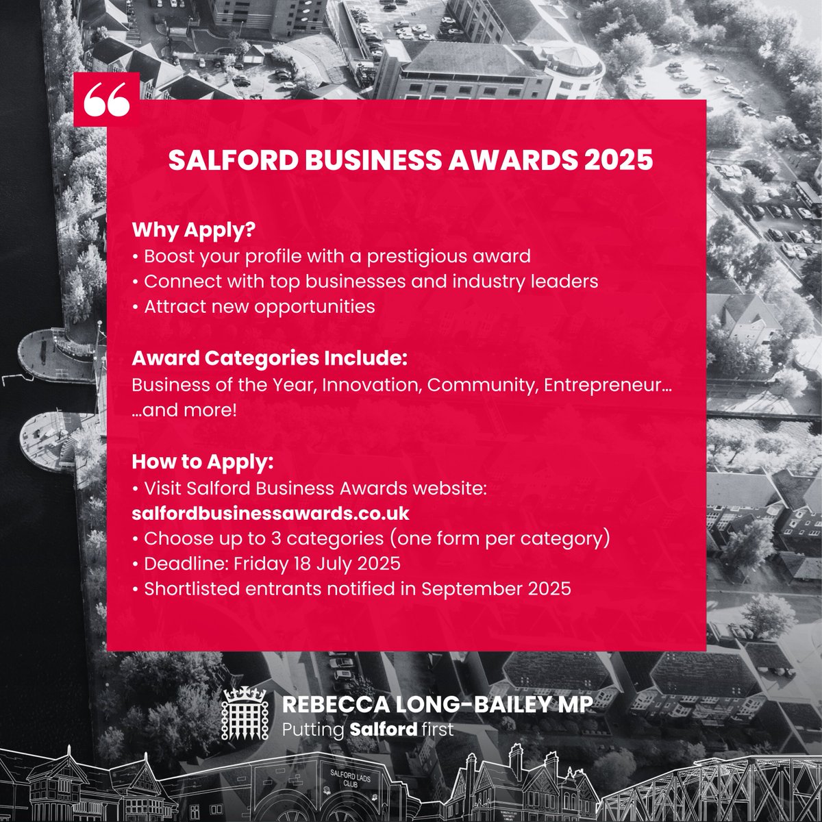 Applications for the Salford Business Awards 2025 are now open! 

Organised by <a href="/SalfordUni/">University of Salford</a>, <a href="/SalfordCouncil/">Salford City Council</a>, and the <a href="/TheBusinessGrp/">The Business Group</a>, this event showcases the immense value and innovation within Salford.

Deadline 18th July. Find out more and apply now: salfordbusinessawards.co.uk