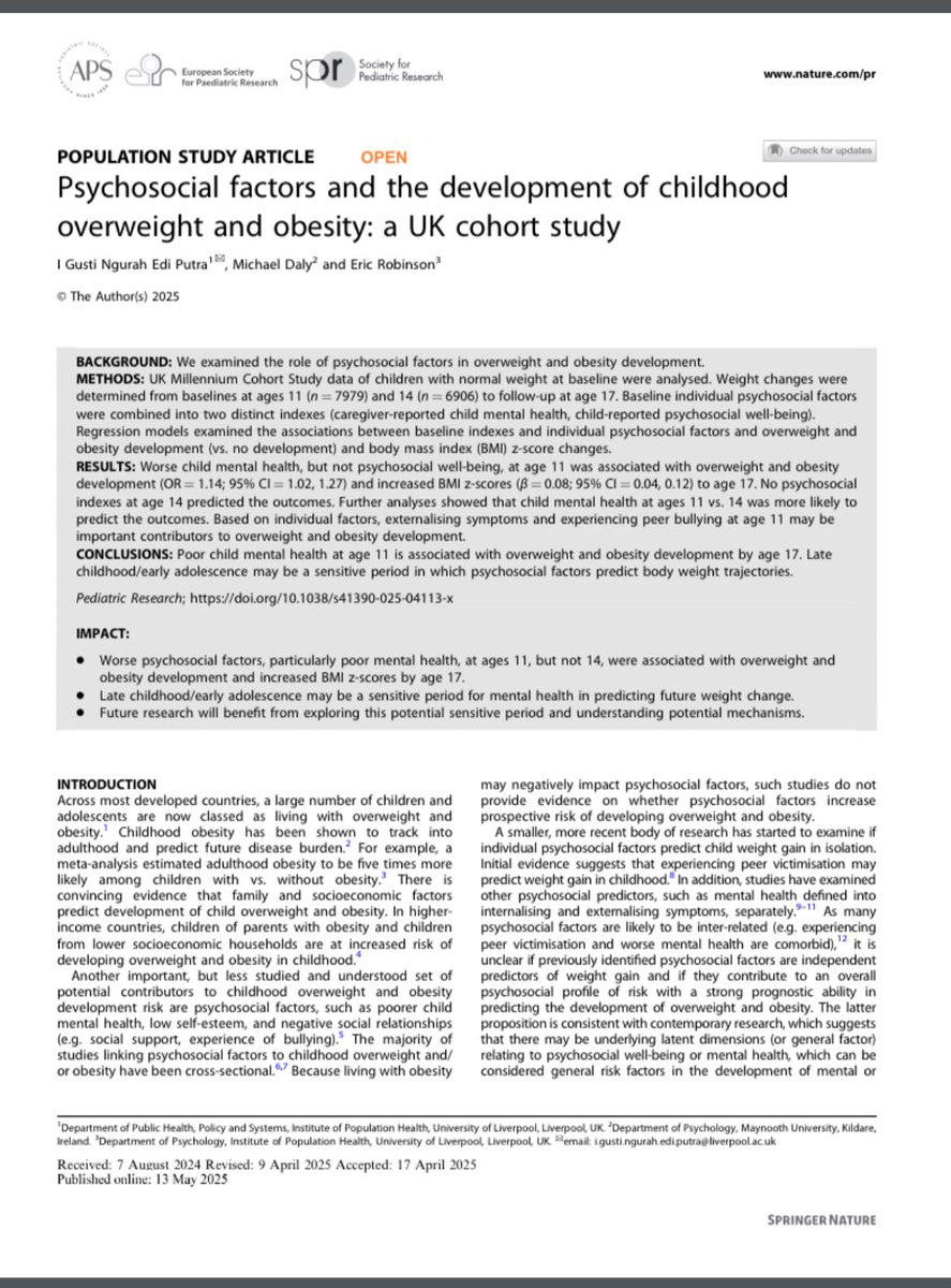 🚨Happy to share our paper on #psychosocial factors &amp; development of adolescent #overweight and #obesity using <a href="/CLScohorts/">UCL Centre for Longitudinal Studies</a>’ MCS data (doi.org/10.1038/s41390…). 👉 Externalising symptoms and experiencing peer bullying are independent factors linked to unhealthy weight development.