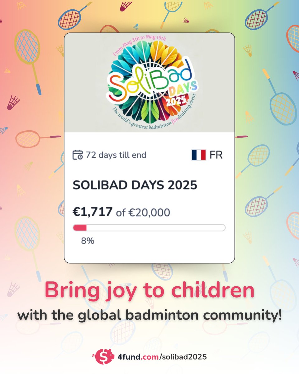 Bring joy to children in need with a badminton community! 🏸

Last year, <a href="/SOLIBAD/">Solibad</a> raised almost €10,000 for their programmes. This time, they're aiming even higher – and they need your help to get there ❤️

Join the game today 
➡️ 4fund.com/solibad2025