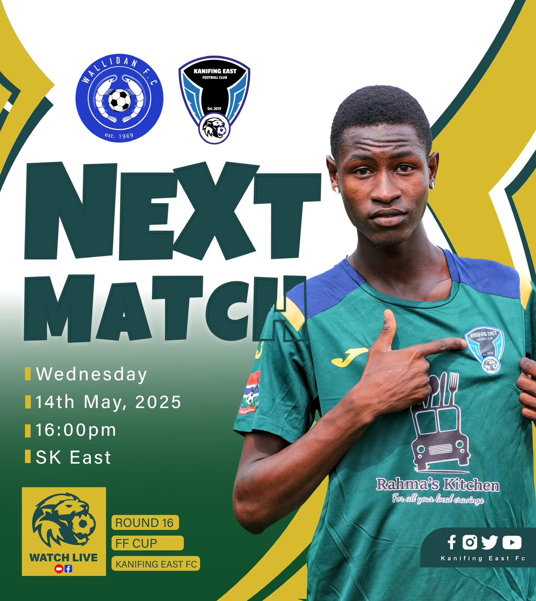 kanifingeastfc's tweet photo. Get ready for a thrilling encounter as Kanifing East FC goes head-to-head with Wallidan FC in the Round of 16 of the FF Cup!

Match Details:
•Date: Wednesday, 14th May 2025
•Time: 16:00 GMT
•Venue: SK East https://t.co/L9XPt85swp