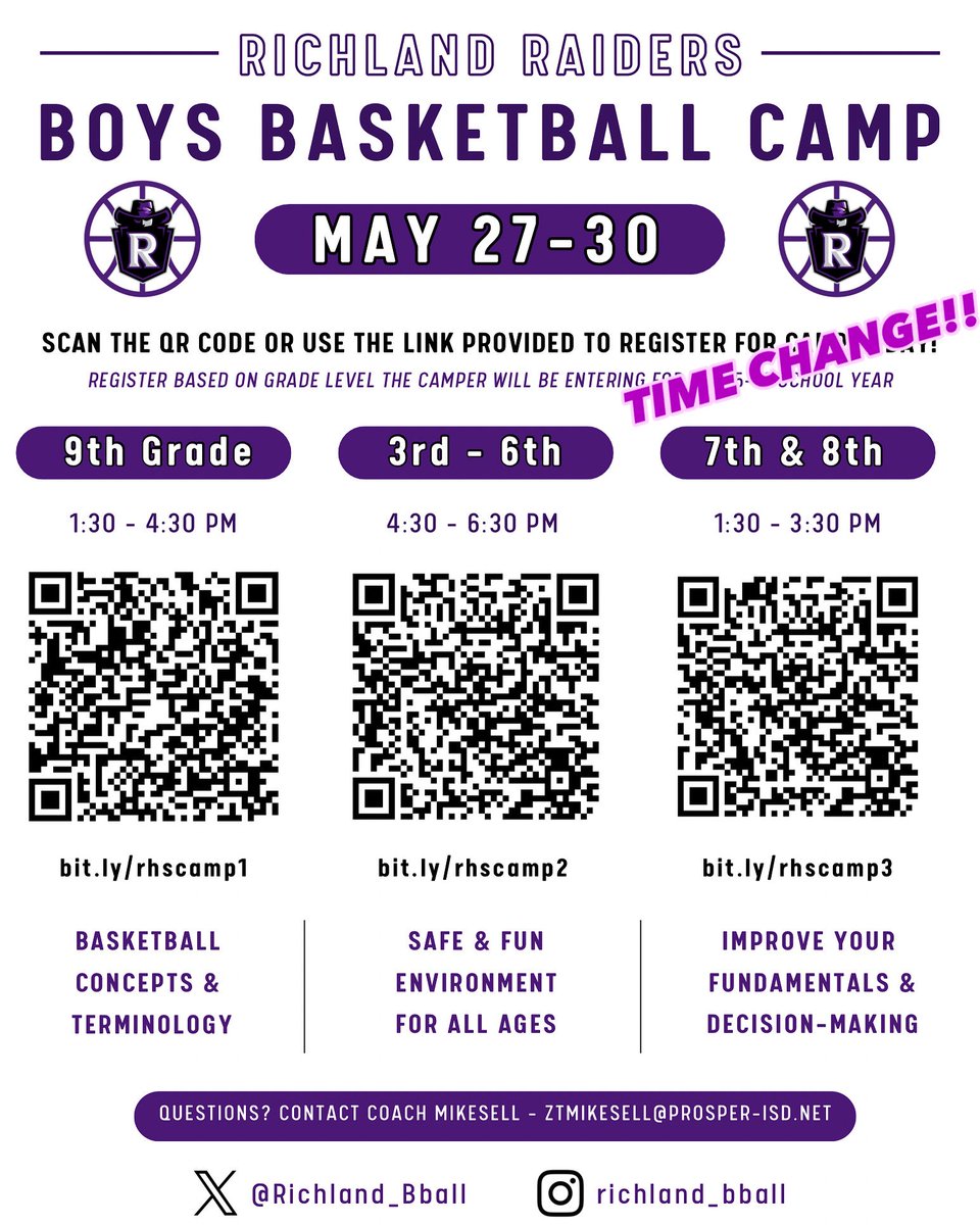 Richland Basketball (@richland_bball) on Twitter photo 🚨CAMP UPDATE!🚨
Our 7th-8th grade session previously scheduled from 6:30-8:30 PM is now 1:30-3:30! We have well over 100 campers on May 27-30, and would love to see more of our <a href="/ProsperRushing/">Rushing Middle School</a> & <a href="/MoseleyMustangs/">Moseley Mustang Athletics</a> at camp with this time change! SIGN UP TODAY!! 🚨CAMP UPDATE!🚨
Our 7th-8th grade session previously scheduled from 6:30-8:30 PM is now 1:30-3:30! We have well over 100 campers on May 27-30, and would love to see more of our <a href="/ProsperRushing/">Rushing Middle School</a> & <a href="/MoseleyMustangs/">Moseley Mustang Athletics</a> at camp with this time change! SIGN UP TODAY!!