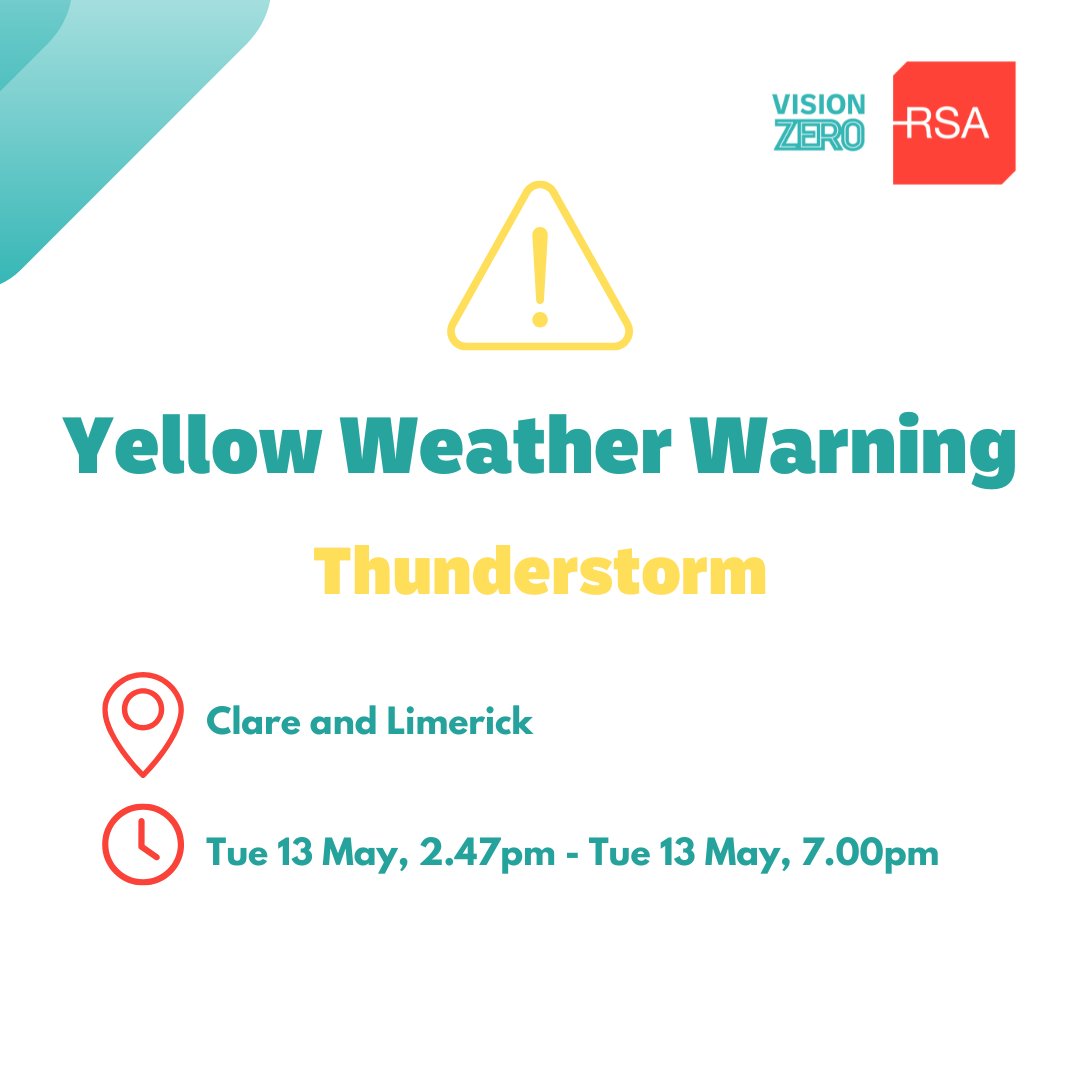 Met Éireann have issued a Yellow Thunderstorm Warning for Clare and Limerick until 7pm tonight.

Road users are advised to be aware of potentially hazardous driving conditions. 

For more information on how to drive in wet weather, follow this link: 
🔗 bit.ly/3H87pve