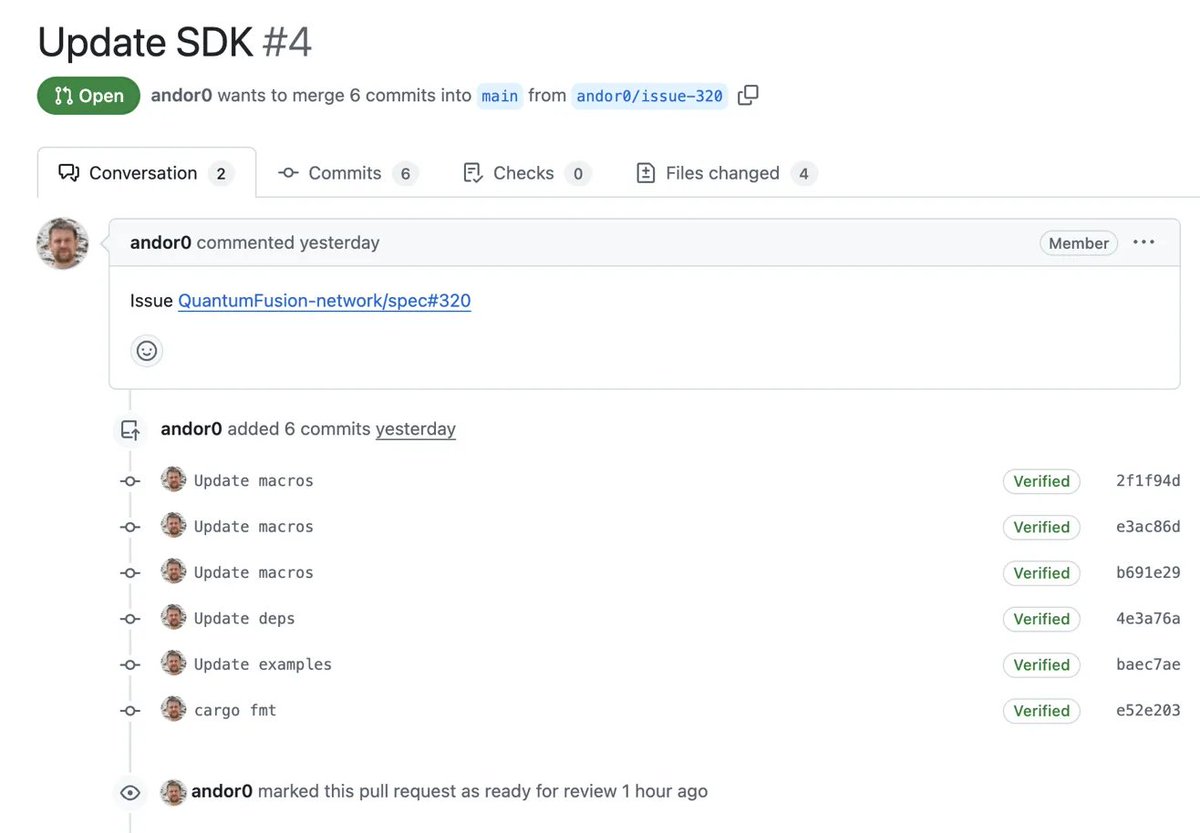 theqfnetwork's tweet photo. QF Network Development Update: May 13, 2025

Quantum Fusion Network reaches a key milestones with SPIN white paper advancing to peer review. Smart contracts implementation being tested and prepared for testnet release and SDK development underway!

SPIN Whitepaper: Finalizing for peer review submission, publication imminent

Smart Contracts: Final PR complete and undergoing final testing before testnet deployment

Developer SDK: Work commenced to provide seamless integration tools for future builders

Recent Pull Requests

-PR #86: "Update host-functions for working with storage" - 7 commits merged into main
-PR #4: "Update SDK" - 6 commits ready for review, including updates to macros, dependencies, and examples
-PR #326: "Next iteration of the SPIN paper draft" - In progress

Development Status

Smart contracts implementation in final testing phase with recent commits completed

All systems progressing on schedule

-QF Team