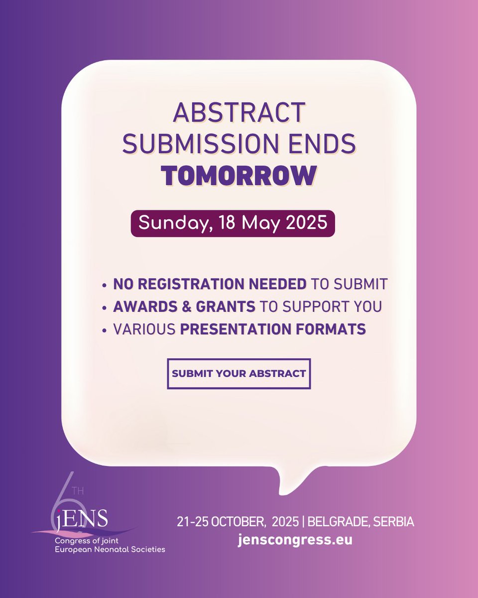 JENS_Congress's tweet image. Don’t wait – abstract submission closes TOMORROW!
Be part of the programme shaping the future of #neonatal and #paediatric care!
Grants and Awards await for you✅: bit.ly/jENS-ABSTRACT
Register now with early bird discount👉 bit.ly/jENS-REGISTRAT…
@ESPR_ESN @gfcni_newborn