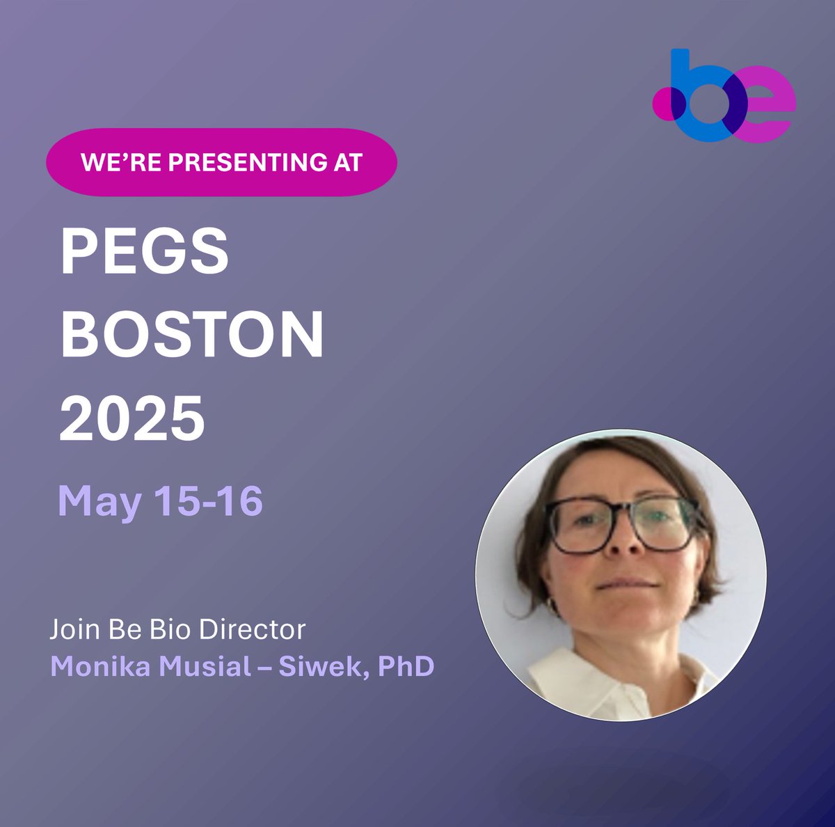 Be Biopharma (@bebiopharma) on Twitter photo Be Bio's Dr. Monika Musial-Siwek presents poster and oral presentations at <a href="/PEGSboston/">PEGS Summit</a> 2025! Oral Presentation, May 16th, 9:00 am, Optimization of Protein Secretion from B Cell Medicines, a Versatile B Cell Engineering Platform for Sustained Delivery of Therapeutic Biologics. Be Bio's Dr. Monika Musial-Siwek presents poster and oral presentations at <a href="/PEGSboston/">PEGS Summit</a> 2025! Oral Presentation, May 16th, 9:00 am, Optimization of Protein Secretion from B Cell Medicines, a Versatile B Cell Engineering Platform for Sustained Delivery of Therapeutic Biologics.