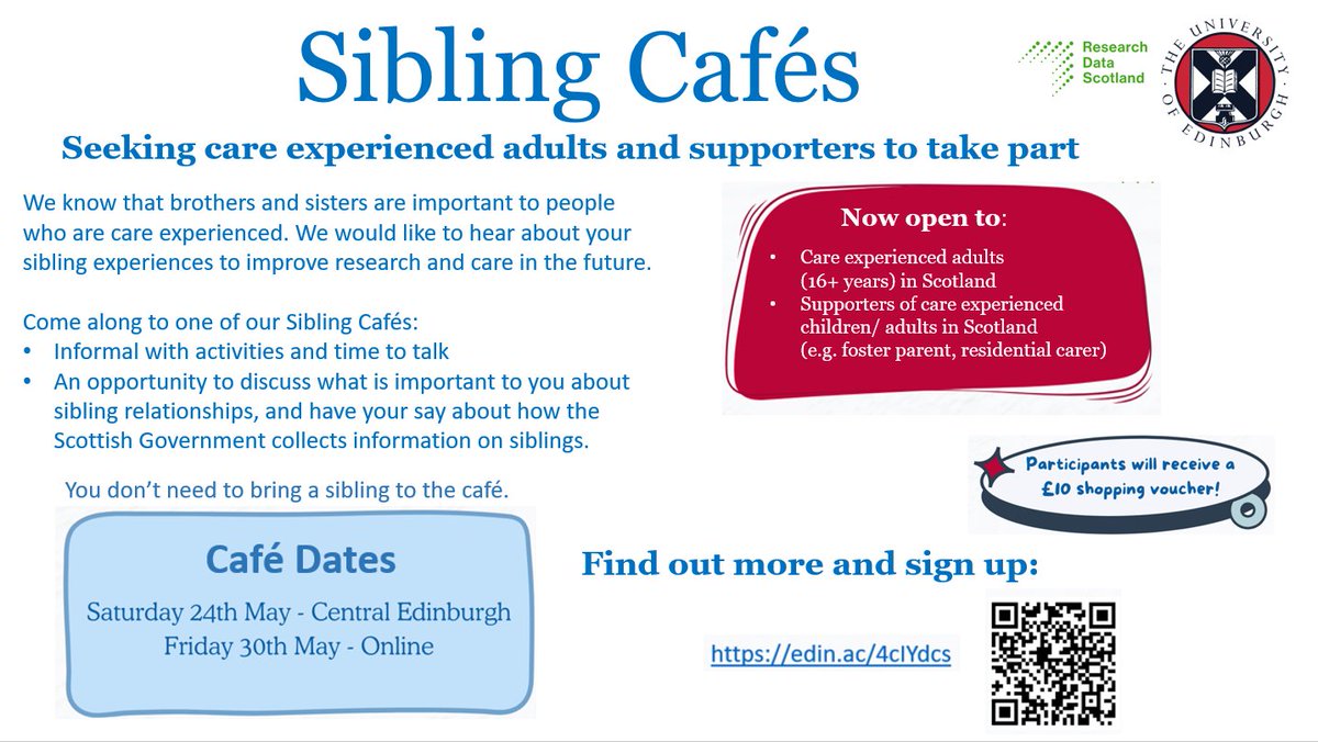 Staf (@stafscot) on Twitter photo The <a href="/EdinburghUni/">The University of Edinburgh</a> are looking for care experienced adults (16+) and the supporters of care experienced children/adults in Scotland (eg foster parents, adoptive parents, residential carers) to come along to one of their ‘Sibling Cafes’ in May.
edin.ac/4cIYdcs The <a href="/EdinburghUni/">The University of Edinburgh</a> are looking for care experienced adults (16+) and the supporters of care experienced children/adults in Scotland (eg foster parents, adoptive parents, residential carers) to come along to one of their ‘Sibling Cafes’ in May.
edin.ac/4cIYdcs