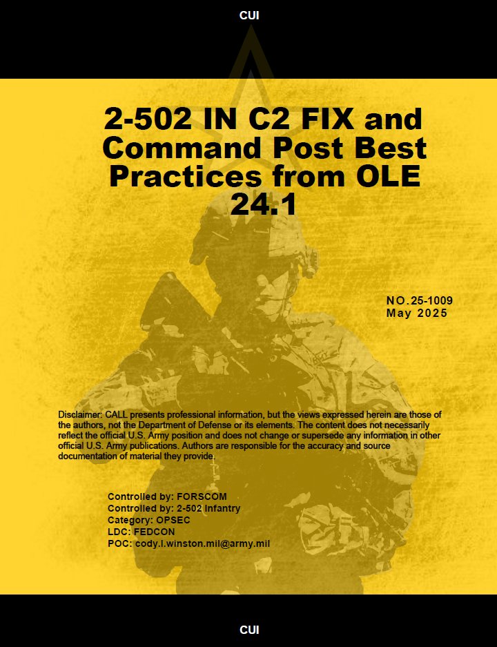 Inside this article you can read observations and lessons learned on systems used for tactical communications.

Topics include reducing signal signature for survivability while maintaining expeditionary command and control.

Link (CAC login required): go.army.mil/2_502_IN_C2_FI…