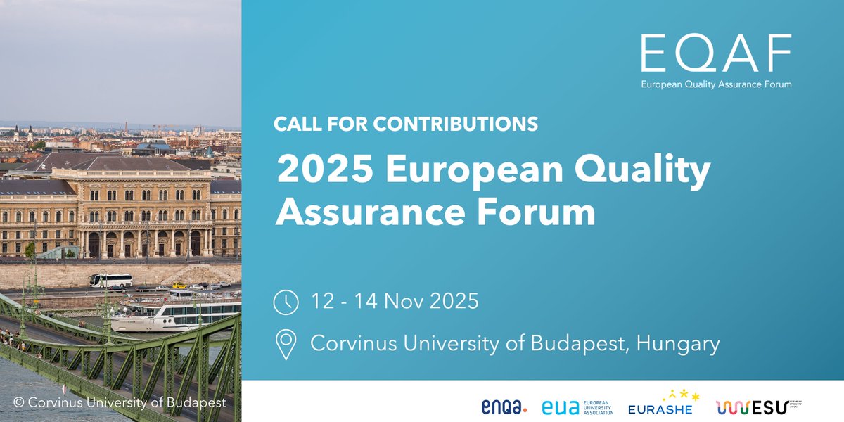 European Quality Assurance Forum (@eqaf) on Twitter photo Invitation to submit proposals for papers, workshops and poster presentations for the 2025 #EQAF entitled "QA in times of crises. Ensuring stability, autonomy and international cooperation in higher education"
Deadline: 22 June bit.ly/Xcall2025EQAF
<a href="/euatweets/">EUA</a> <a href="/ESUtwt/">European Students' Union (ESU)</a> <a href="/ENQAtwt/">ENQA</a> Invitation to submit proposals for papers, workshops and poster presentations for the 2025 #EQAF entitled "QA in times of crises. Ensuring stability, autonomy and international cooperation in higher education"
Deadline: 22 June bit.ly/Xcall2025EQAF
<a href="/euatweets/">EUA</a> <a href="/ESUtwt/">European Students' Union (ESU)</a> <a href="/ENQAtwt/">ENQA</a>